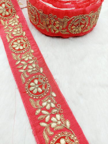 Red Art Silk Fabric Trim With Gold Zari Gota Patti Embroidery, Floral Embroider Trimming, Trim By The Yard